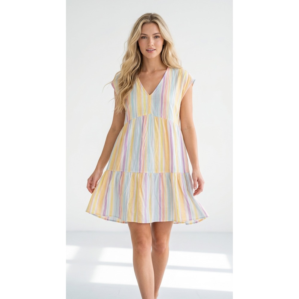 Pastel Striped V-Neck Tiered Babydoll Mini Dress Yellow Purple Womens M 8-10